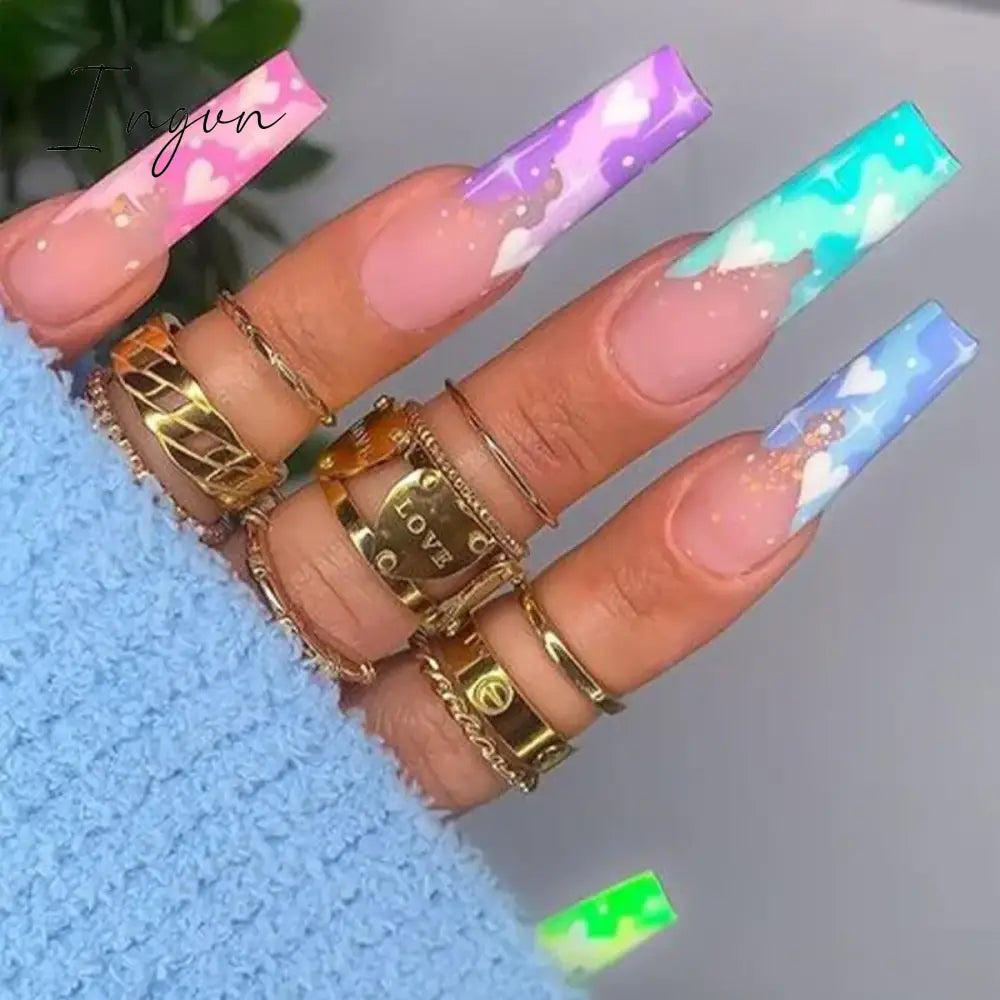 24pcs Artifical Bails With Glue Fake Nail Tips With Design Detachable Press On Nails Long Fake Nail Finished Nail Piece Sticker