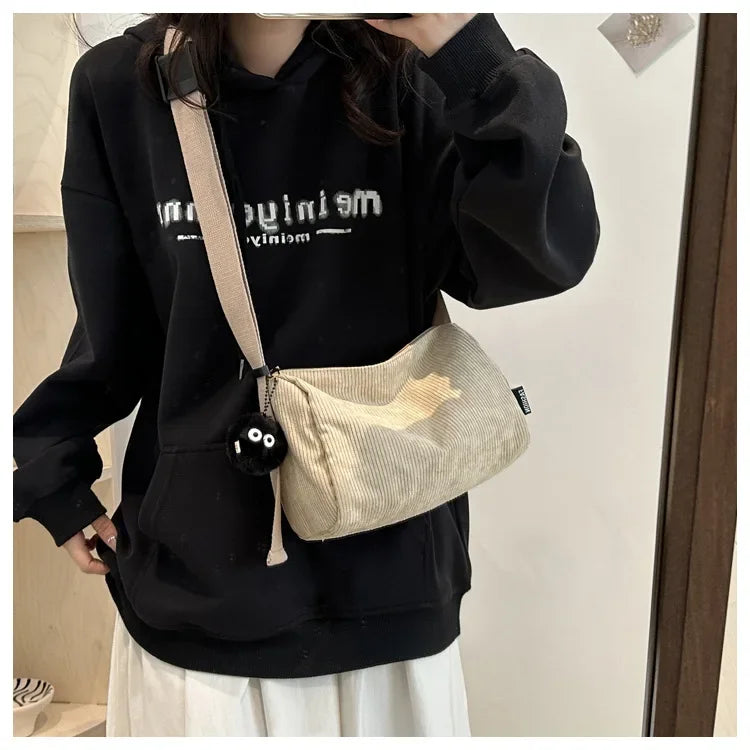Ingvn  Solid Color Women's Corduroy Shoulder Bag Large Capacity Female Crossbody Bags Simple Design Ladies Casual Tote Purse Handbags