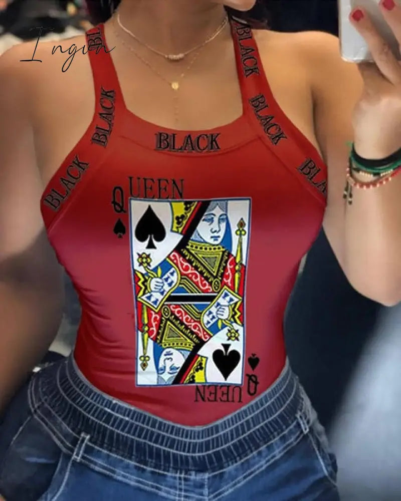 Ingvn - Tank Tops Women U Neck Letter Print Lips Vest Summer Ladies Harajuku Shirts Slim Fit Polyester Sleeveless Top Tshirts