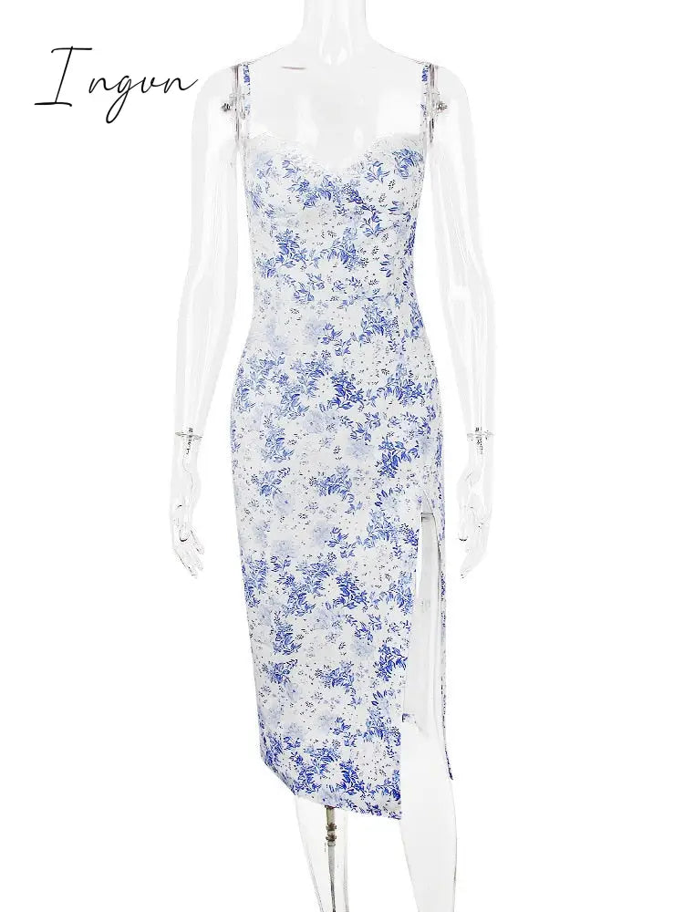 Ingvn - Elegant Blue Print Split Midi Dress Women Robe New Fashion Spaghetti Strap Sleeveless Off-shoulder Party Sexy Dress