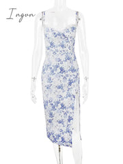 Ingvn - Elegant Blue Print Split Midi Dress Women Robe New Fashion Spaghetti Strap Sleeveless Off-shoulder Party Sexy Dress