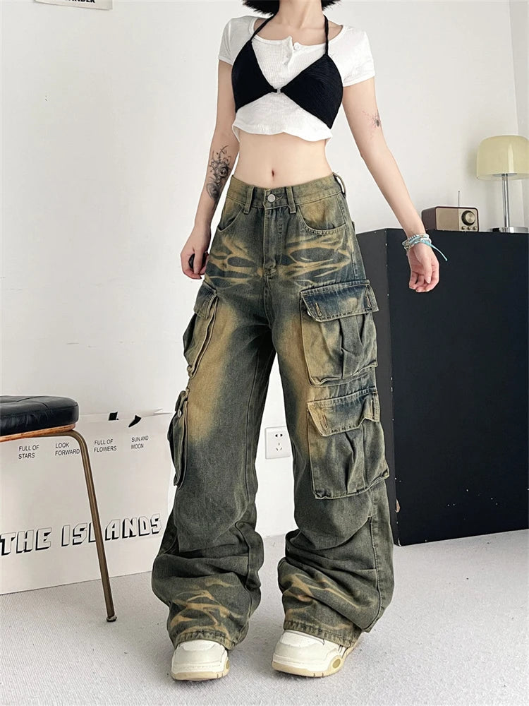 Ingvn  Women's Tie Dyed Patterns Multiple Pockets Unisex Jeans Street Summer Trousers Young Girl Street Bottoms Female Denim Pants