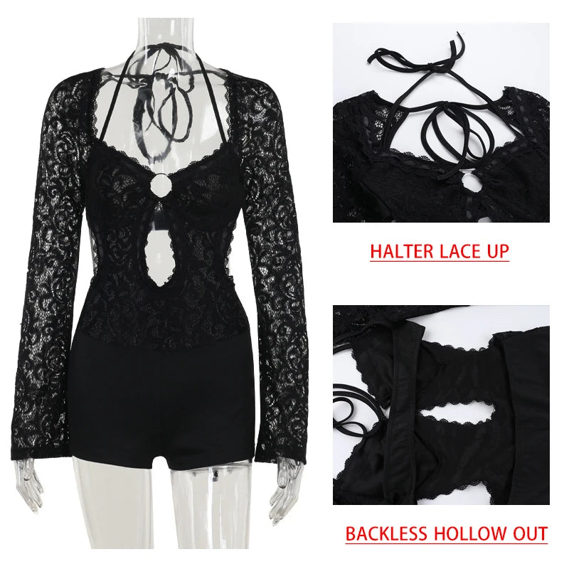 Black Halter Backless Hollow Out Summer Playsuits Rompers Women Holiday Casual Elegant Short Jumpsuits Homewear