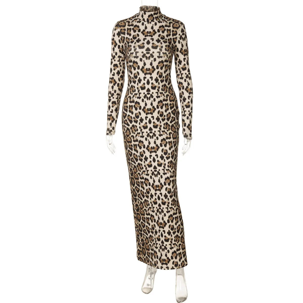 Leopard Print Turtleneck Long Sleeved High Waist Slim Fit Sexy Maxi Dress For Woemn Bodycon Elegant Club Party Dress