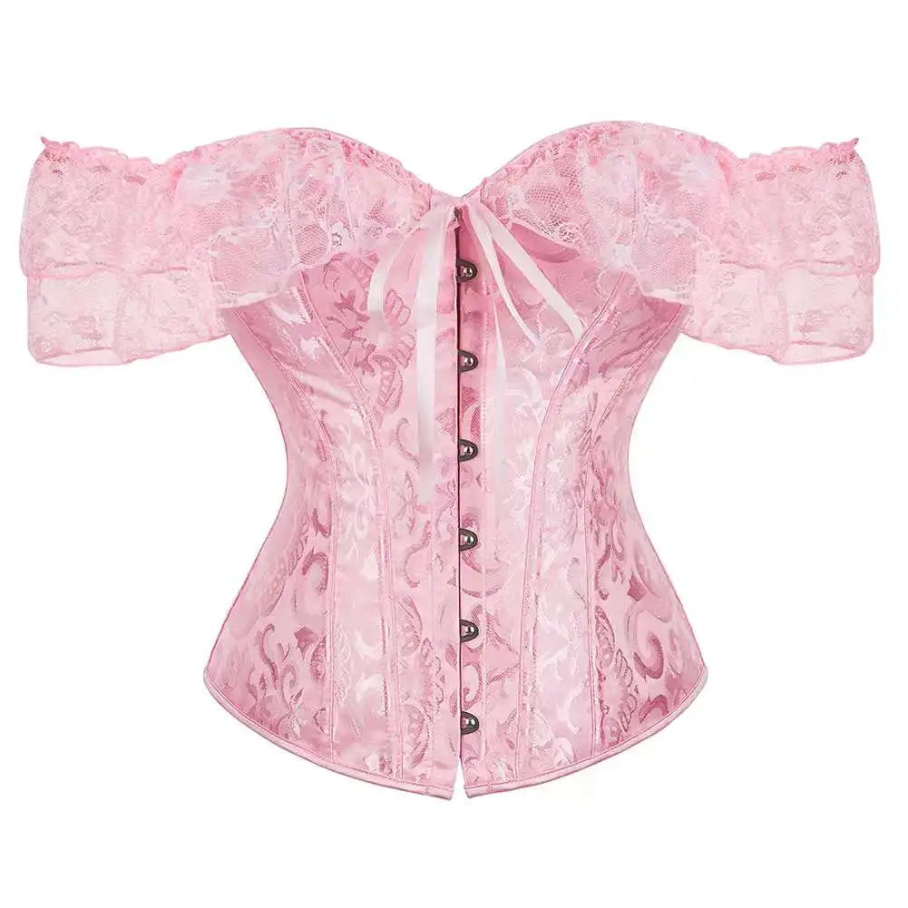 Voguable Womens Bustier Overbust Corselet Lace Up Short Sleeve Sheer Corset Bluse Costume Crop Top