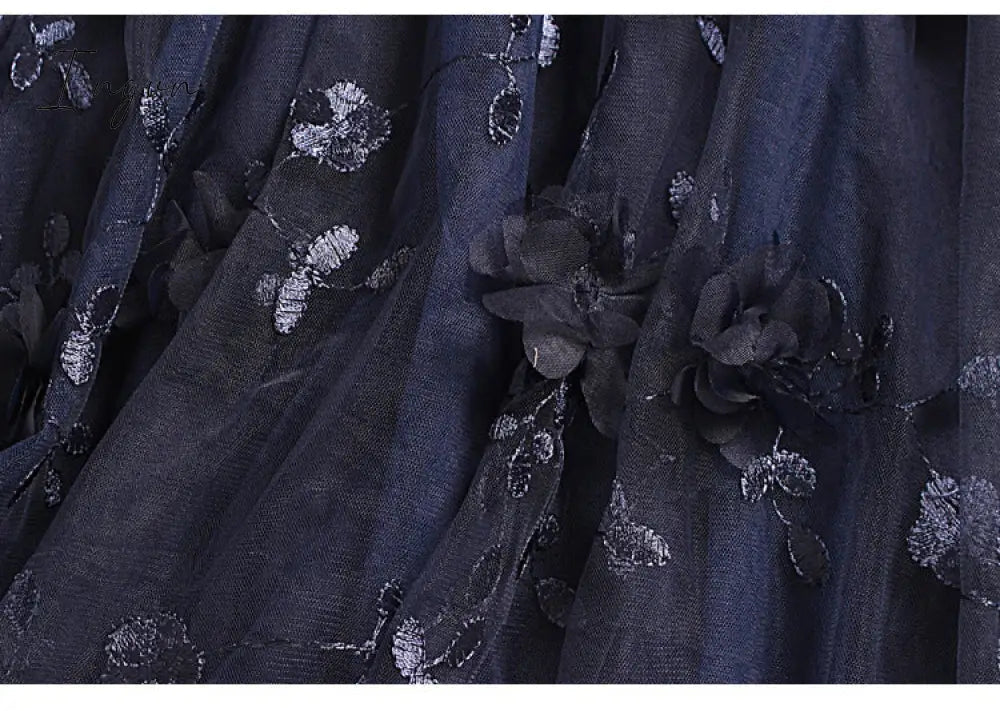 Ingvn - Luxury Woman Skirts Korean style Fashion Elastic Waist Appliques Embroidery Floral Mesh Skirt Long Gauze Ball Gown Skirt
