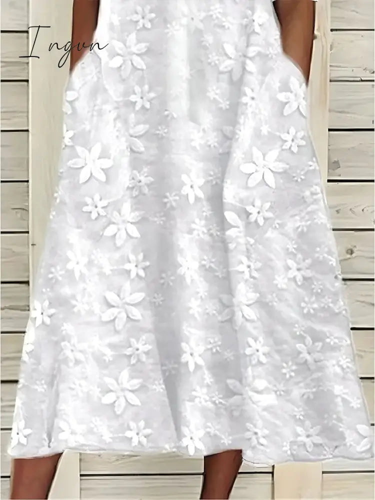 Ingvn - Women's Cotton Linen Dress Casual Dress Midi Dress Cotton Casual Mature Outdoor Daily Vacation V Neck Ruched Pocket Half Sleeve Summer Spring Fall 2023 Loose Fit White Blue Green Plain S M L XL 2XL