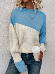 Stylish Color Block Crew Neck Sweater - Pullovers for Women - Soft, Elegant, and Cozy Drop Shoulder Long Sleeve Sweater for Fall and Winter Seasons