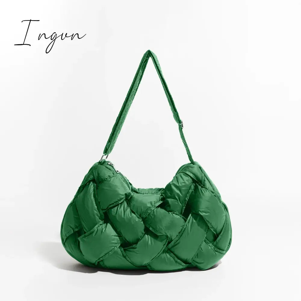 Ingvn - Black Woven Design Padded Shoulder Hobo Bag Cotton Down Crossbody Puffer Purse Big Women Winter Sling Handbag
