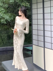 Ingvn - 2023 Autumn Vintage Midi Dress Women Casual Long Sleeve Slim Bodycon Elegant Dress Office Lady Even Party One Piece Dress Korean