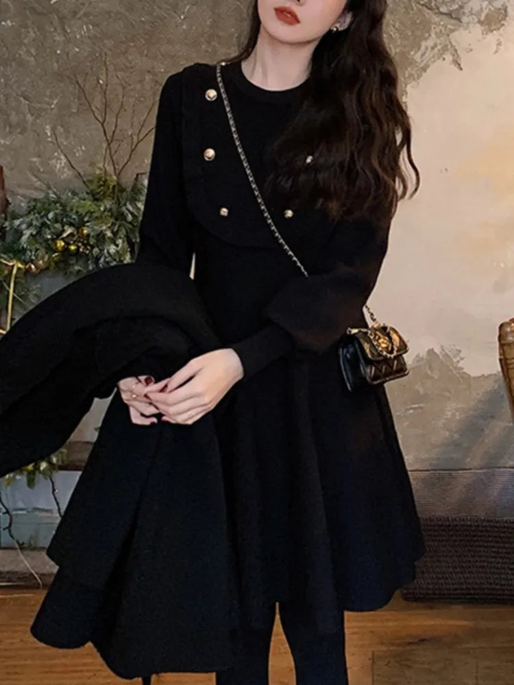 Autumn Black Knitted Dresses for Women Long Sleeve O-Neck Evening Party Dress Korean Fashion A-Line Sweater Vestidos Mujer New