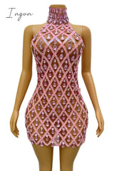 Ingvn - Sparkly Black Sequins Sleeveless Birthday Stones Transparent Backless Dress Shiny Evening Celebrate Outfit Stretch Mesh shaokao