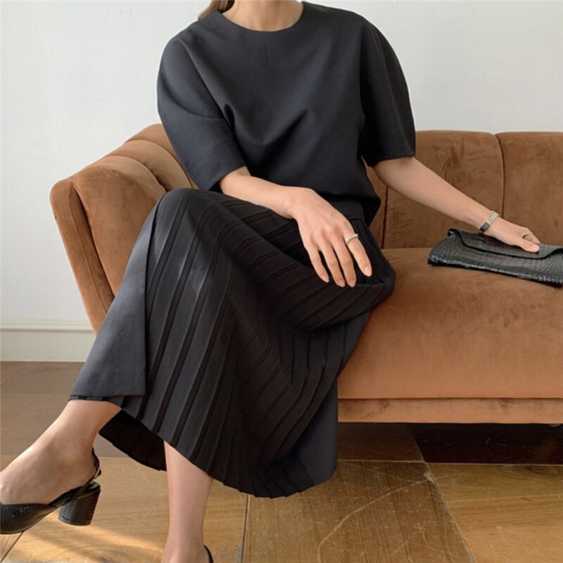 Summer Korean Skirt Suits Women Two Piece Set Short Sleeve O-neck Top + High Waist Long Pleated Skirt 2 Piece Outfits Elegant