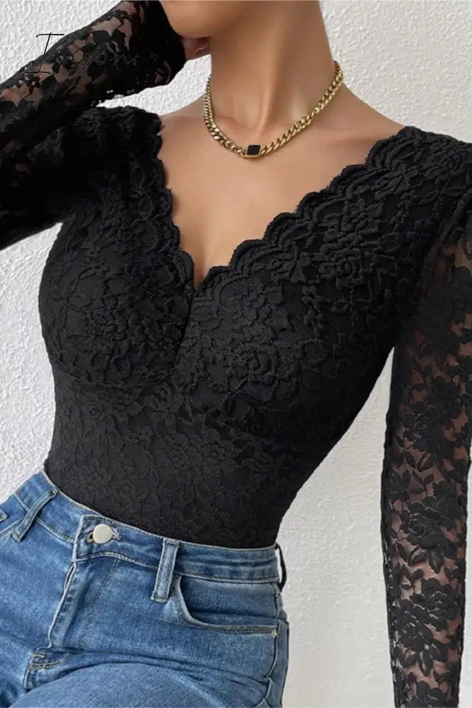 Ingvn- Sexy Solid Patchwork See-through Backless V Neck Skinny Bodysuits