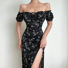 Off Shoulder Flower Print Sexy Dress For Women High Split Elegant Long Dresses Backless Bodycon Summer Dress Vestidos QY21251KJ