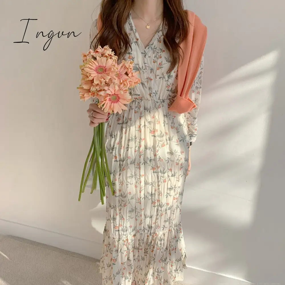 Ingvn - 2023 Fashion Trends Elegant Ruched Floral Print Women Autumn Dress Sexy V-neck Full Sleeve Female Long Dresses Spring Chiffon Vestidos