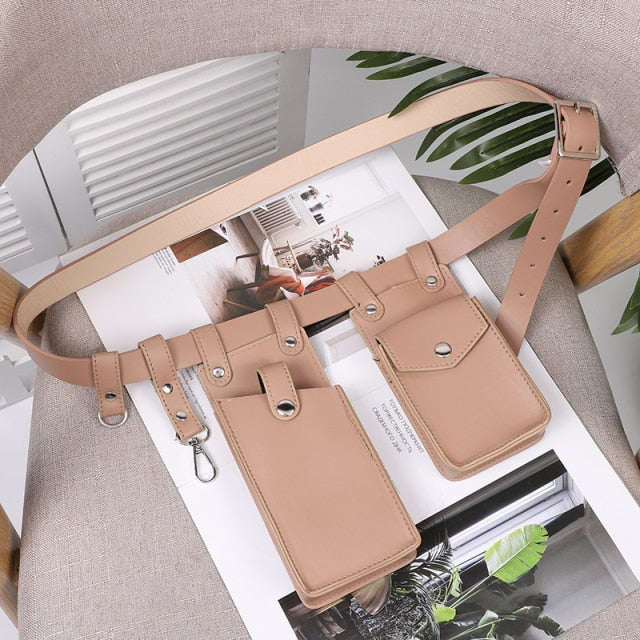 2 Piece Women's Belt Bag Luxury Designer Tactical Waist Bags Female Leather Flap Fanny Pack Shoulder Crossbody Chest Bag Purse