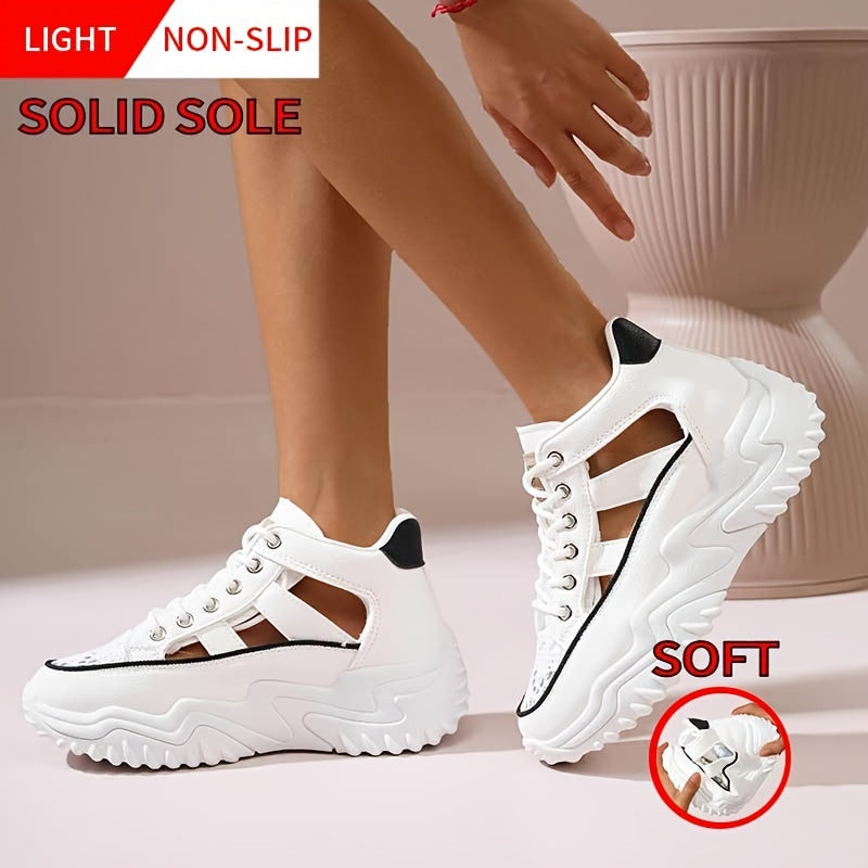 Fashionable Womens Platform Sneakers - Breathable Hollow Out Design - Lightweight Summer Shoes for Stylish Outdoor Adventures - Versatile Lace-Up High Tops for All-Day Comfort