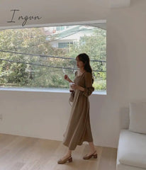 Ingvn - Chic Korean Fashion Women Temperament Office Lady Elegant Work Basic Wear Solid Vintage Long Dress Fenimine Vestidos N502