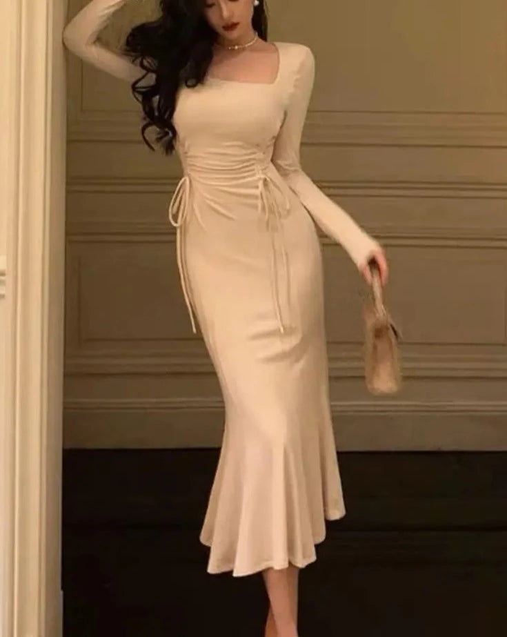 Women Casual Drawstring Midi Dress Elegant Bodycon Evening Party Vestidos Spring Autumn New Korean Mermaid Dresses