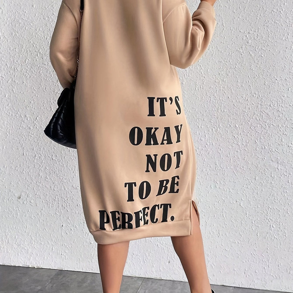 Midi Plus Size Casual Slogan Print Long Sleeve Round Neck Trapeze Sweatshirt Dress - Soft Medium Stretch Polyester Fabric, Loose Fit, Pullover Style, Machine Washable - Weekend Casual Wear for Fall Season