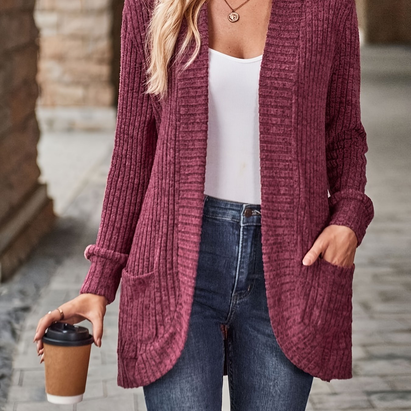 Cozy Rib Knit Cardigan for Women - Soft & Stylish Solid Open Front Sweater with Pockets - Casual Long Sleeve Fashion Clothing