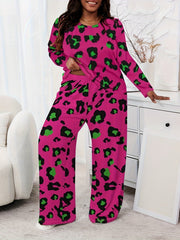 Plus Size Casual Pajamas Set, Women's Plus Leopard Print Long Sleeve Round Neck Tee & Pants Home Wear 2 Piece Set