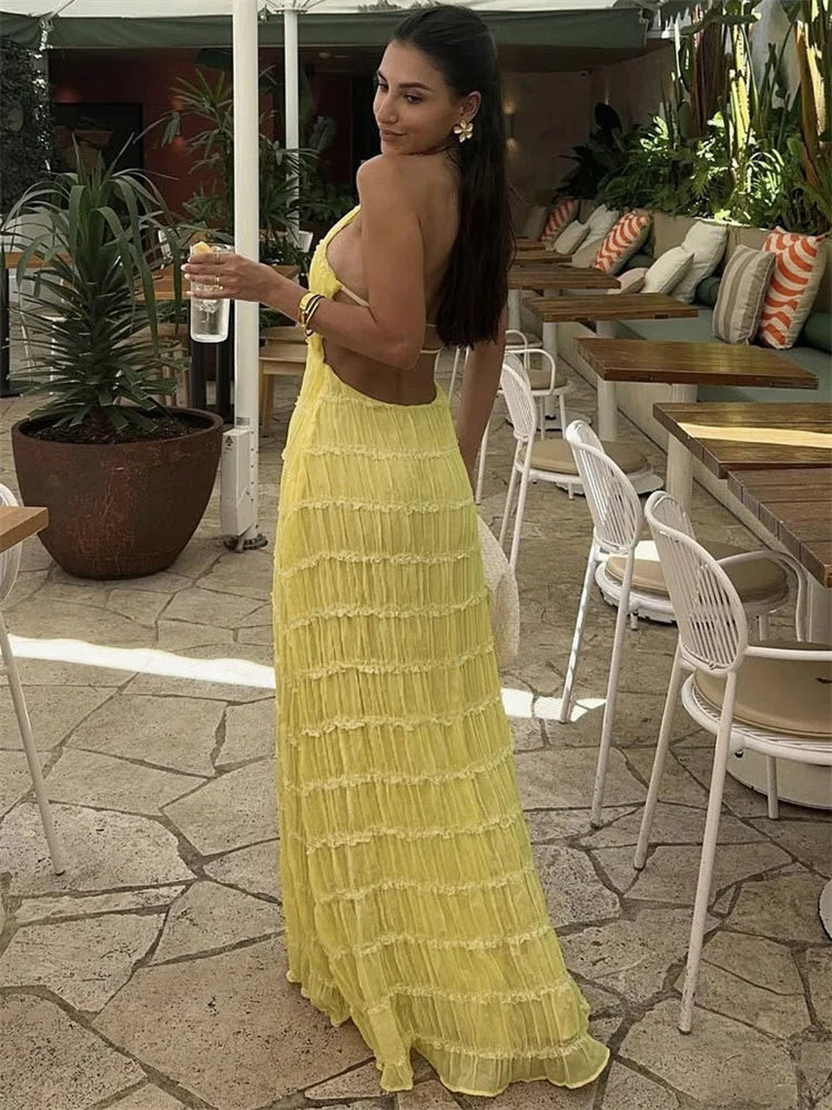 Spring Fashion Patchwork Long Dress For Women Lace-Up Backless High Waist Solid Holiday Beach Dress Ladies Maxi Dress