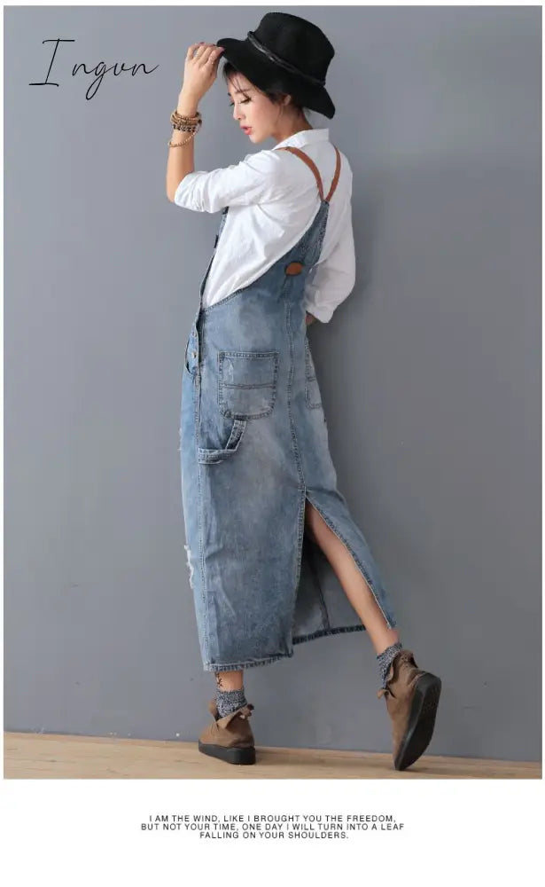 Ingvn - Fashion Maxi Denim Dress Summer Ladies Suspenders Holes Jean Dresses Female Loose Plus Size 5XL Bib Blue cowboy Long Dress 8075