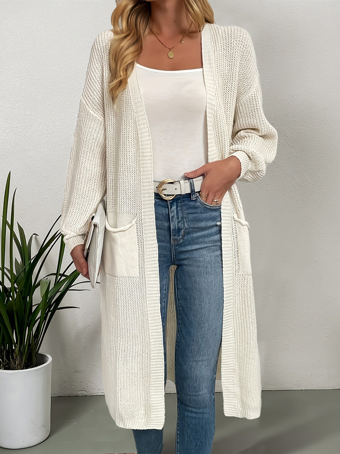 Elegant Warm Knit Cardigan for Women - Solid Color, Long Sleeve & Length, Durable and Cozy for Fall/Winter