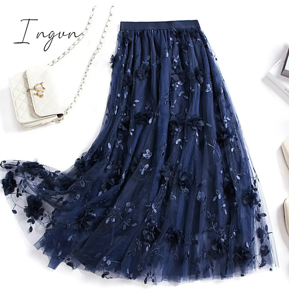 Ingvn - Luxury Woman Skirts Korean style Fashion Elastic Waist Appliques Embroidery Floral Mesh Skirt Long Gauze Ball Gown Skirt