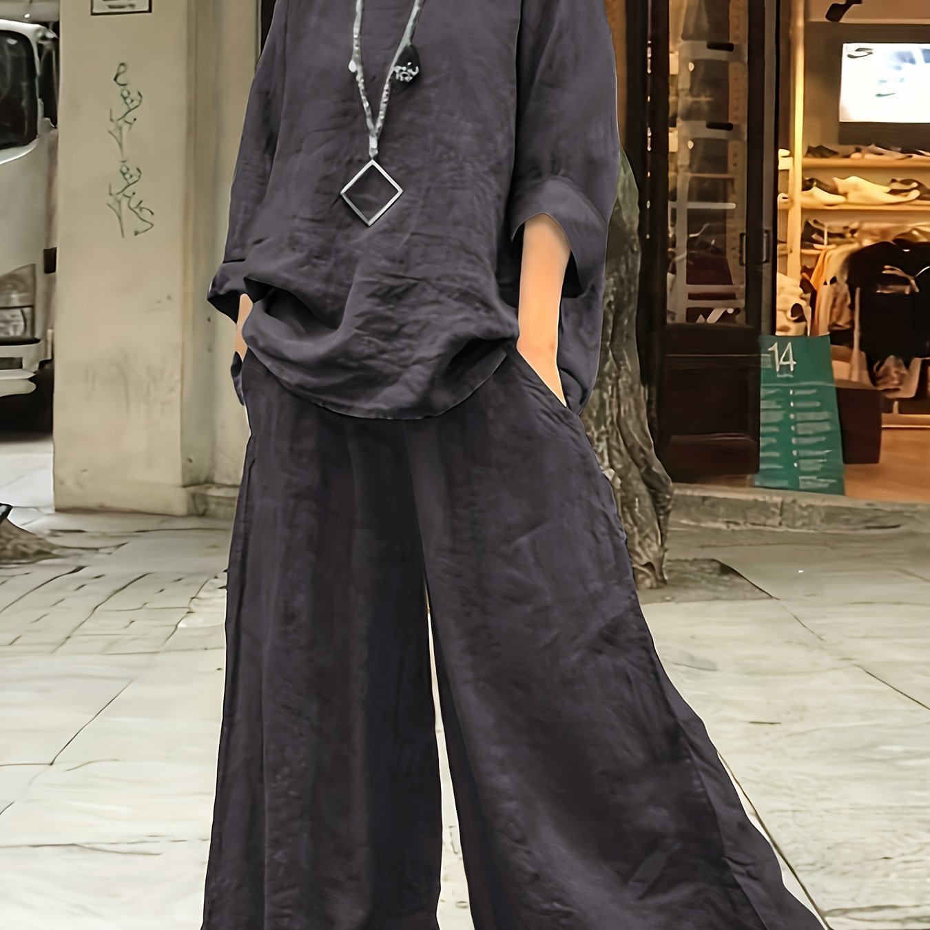 Plus Size Casual Outfits Set, Women's Plus Solid Round Neck Long Sleeve Top & Wide Leg Pants With Pockets Outfits Two Piece Set