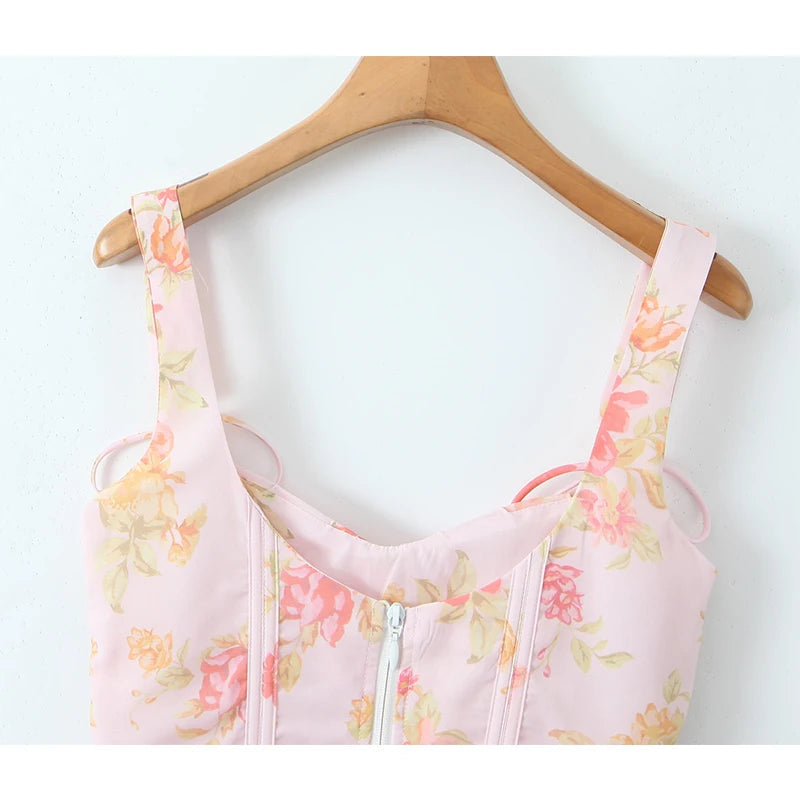 New Women Floral Print Pink Bone Slim Tank Top Pleated Ruffle Hem Summer Corset Crop Top Holiday ropa de mujer