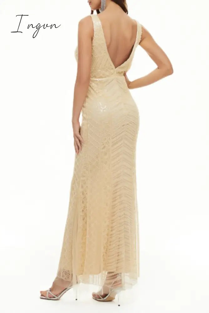 Ingvn - Sexy Formal Patchwork V Neck Evening Dress Dresses