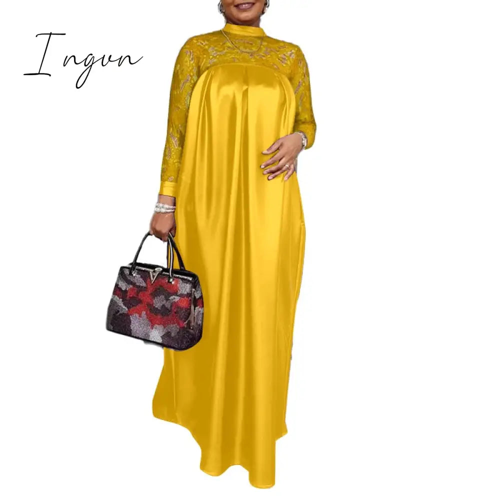 Ingvn - Summer Kaftan Party Dress Bohemian Women Long Sleeve Mock Neck Lace Patchwork Maxi Long Dress Robe Longues Oversized