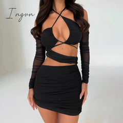 Ingvn - Halter Sexy Cut Out Bodycon Dress Bandage Party Club Elegant Irregular Backless Mesh Ruched Mini Dresses Outfits