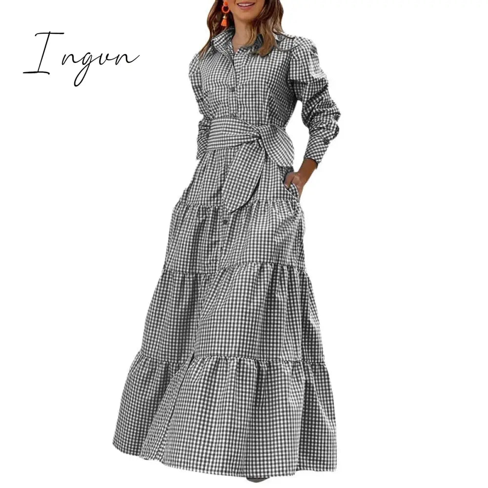 Ingvn - Spring Shirt Dress Women Long Sleeve Party Dresses Casual Lapel Button Vintage Belted Pockets Sundress Plaid Printed Robes