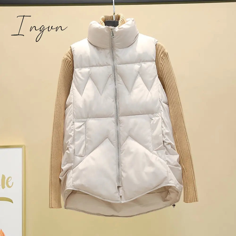 Ingvn - Autumn Winter Down Cotton Soild Women's Vest Short Style New Slim Fashion Stand-up Collar White Jacket Sleeveless Vest