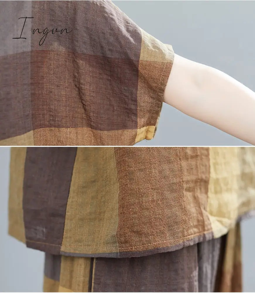Ingvn - Thin Soft Cotton Linen Loose Women Clothes Set Tops Harem Pants Two Piece Casual Set Vintage Plaid Lady Summer Fashion Set Suits