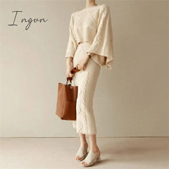 Ingvn - Autumn Winter Knitting Womens Two Peice Sets Elegant O-neck Long Sleeve Pullover Sweater Women+midi Skirt 2 Piece Sets Womens