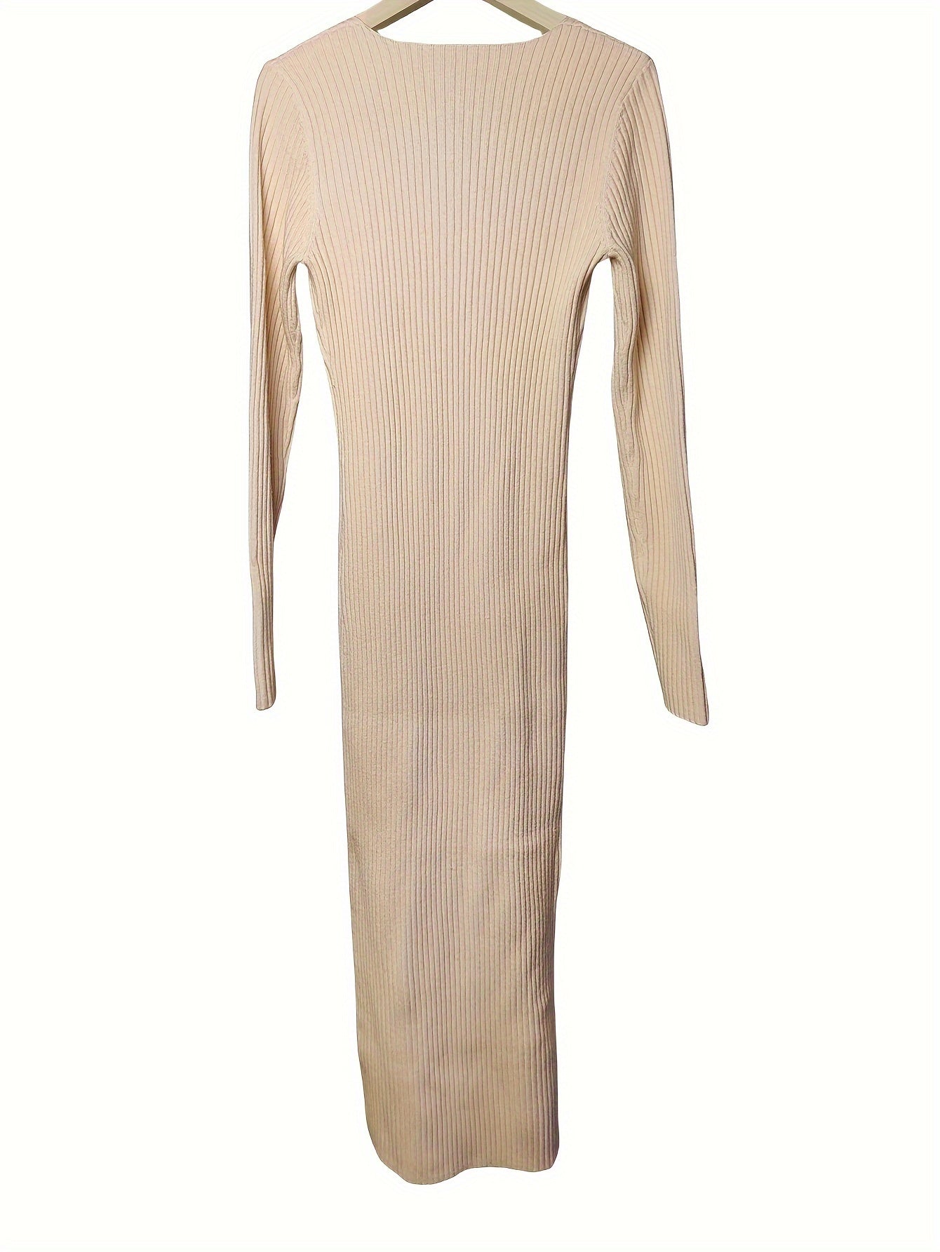 Solid Color Ribbed Long Sleeve Dress, Casual Knitted V Neck Dress For Spring & Fall, Women's Clothing
