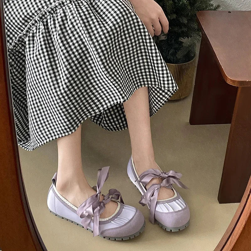 Ingvn  Autumn Lace Up Women Ballet Flat Shoes Fashion Shallow Non Slip Ladies Comfort Round Toe Mary Jane Shoes