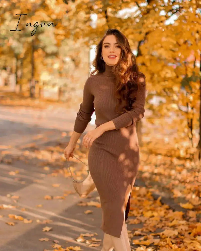 Ingvn - Dress Women Long Sleeves High-Neck Elastic Midi Dress Fashion Elegant Chic Lady Knit Sweater Dresses Women robe femme