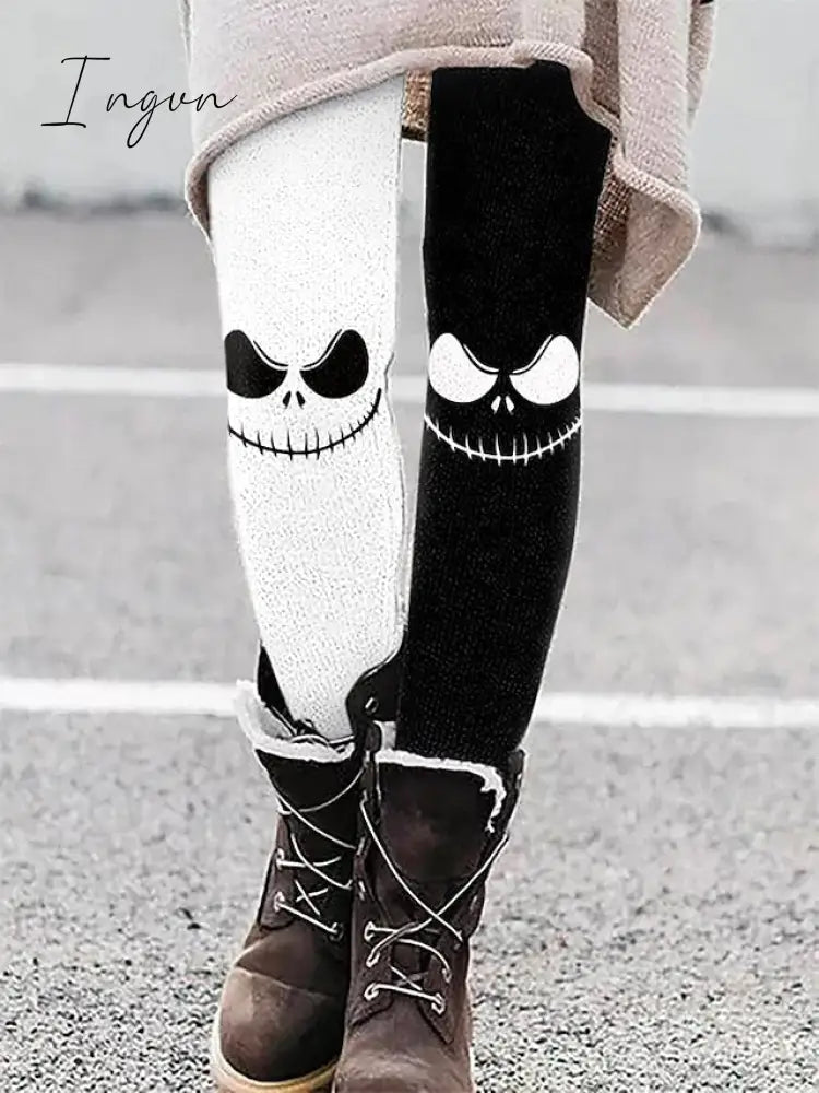 Ingvn - Women's Tights Leggings Full Length Print Micro-elastic Mid Waist Fashion Halloween Weekend Black White S M Summer Spring &  Fall