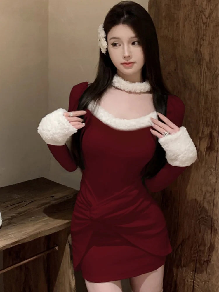 Autumn Pleated Mini Dress for Women Sweet Long Sleeves Bodycon Birthday Party Dresses Fashion Christmas Vestidos Female Clothing
