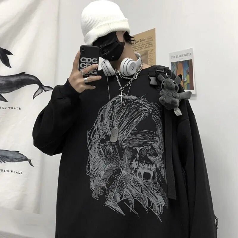 Retro dark printed sweatshirt for couples to wear loose black long sleeve top fashionable wide Songyuan night style album top