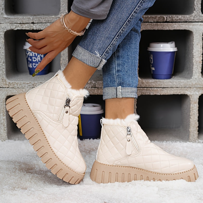 1pr Winter Warm Fleece-Lined Ankle Boots for Women - Casual Solid Color Round Toe Zippered Comfort Boots with Low Platform Heel, Non-Slip Rubber Sole, Fabric Insole - PU Upper, Fabric Lining - Thick Warm Snow Boots