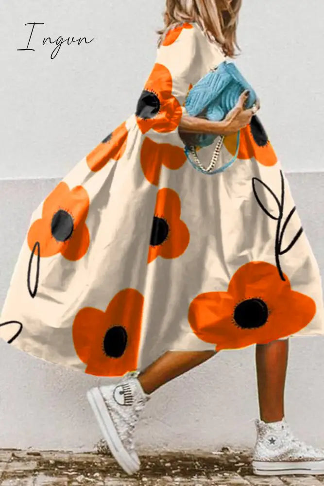 Ingvn - Casual Print Patchwork Turndown Collar Cake Skirt Dresses(11 Colors)