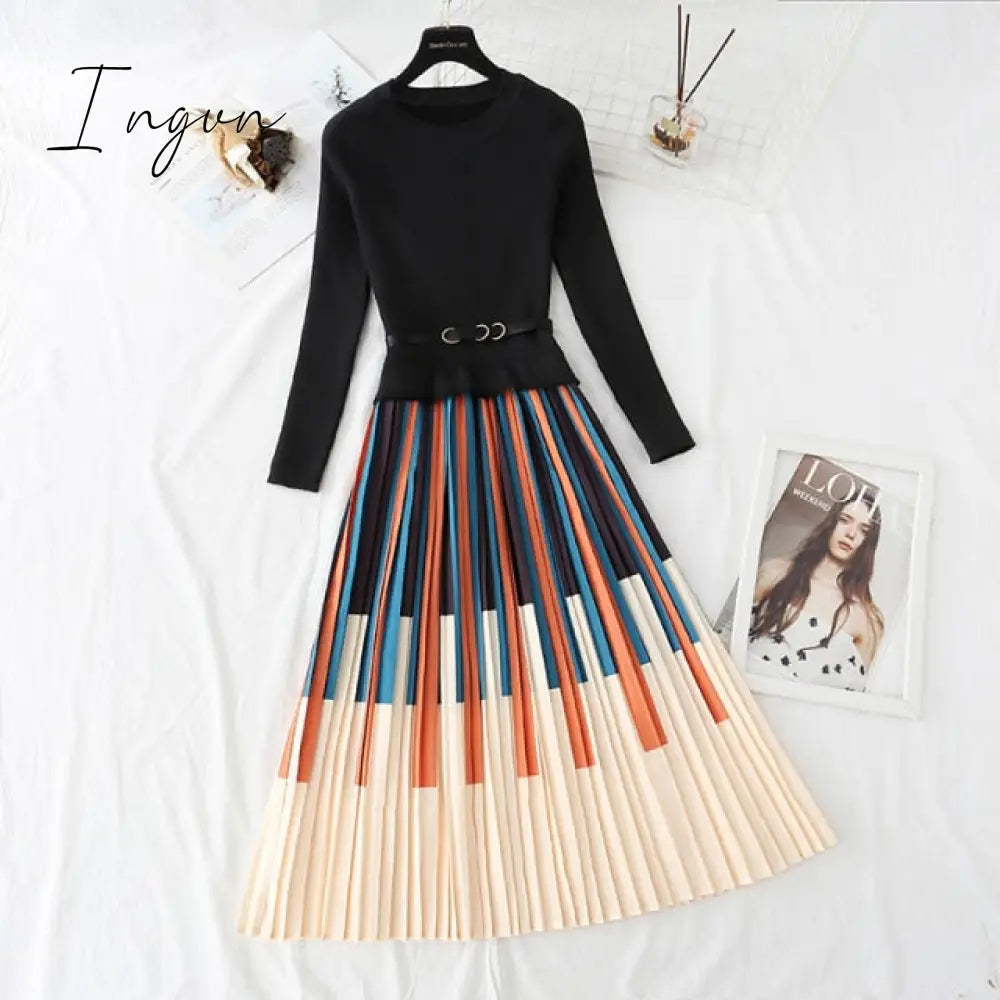 Ingvn - Autumn Winter Elegant Knitted Patchwork Gradient Pink Pleated Dress Women Long Sleeve Office One-Piece Sweater Dress With Belt