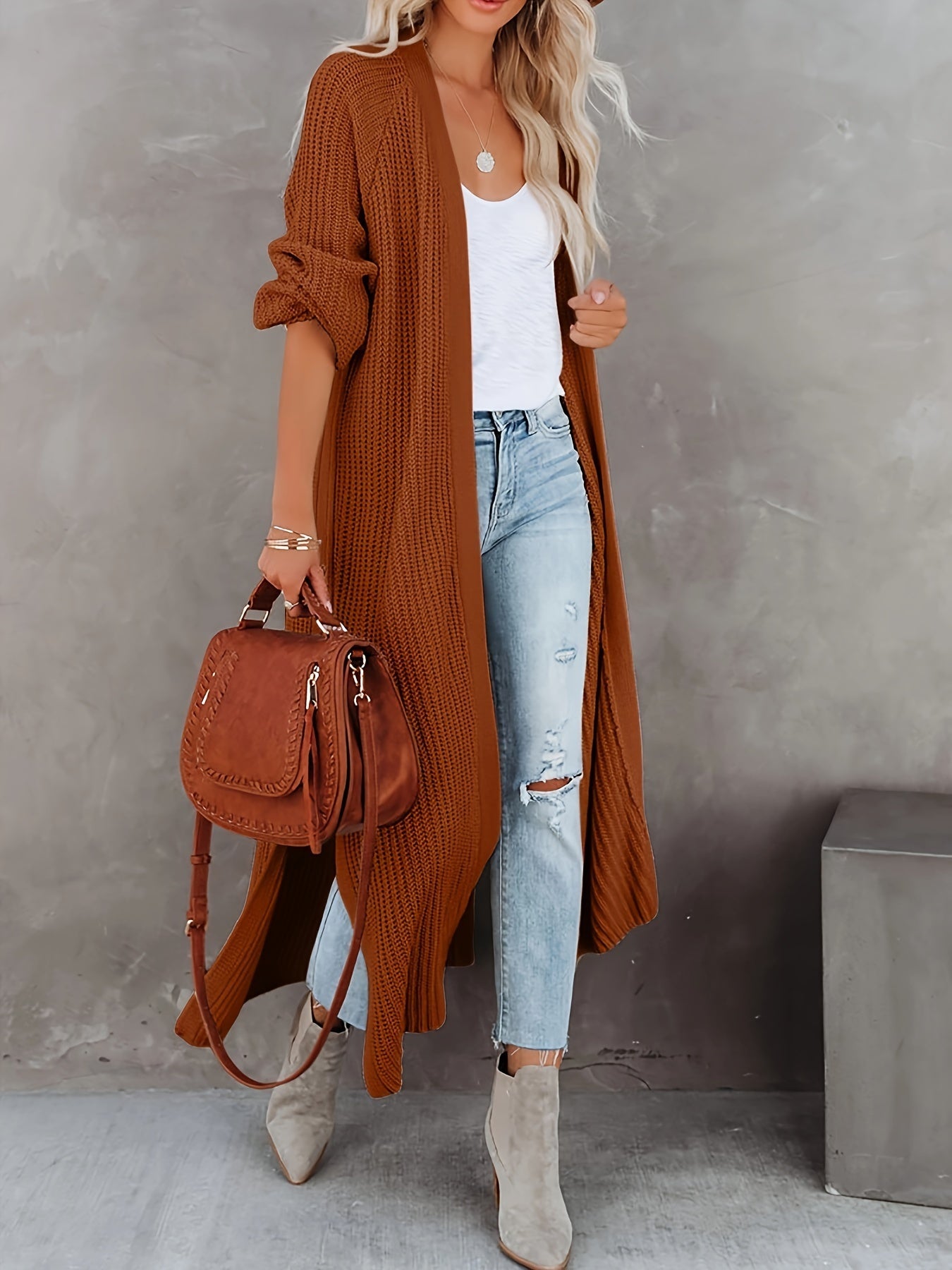 Stylish & Cozy Open Front Cardigan - Long Sleeve, Stretch Knit, Solid Color, Perfect for Autumn/Winter